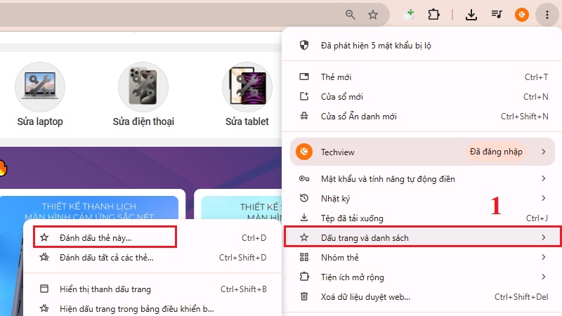 Chọn Dấu trang rồi Đánh dấu thẻ này trong menu Chrome