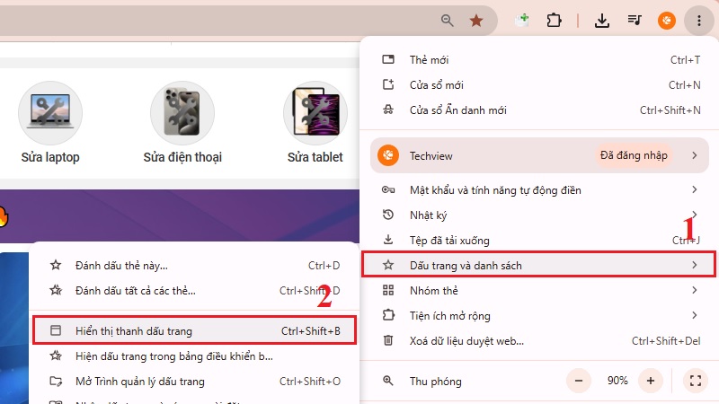 Hiển thị thanh Dấu trang