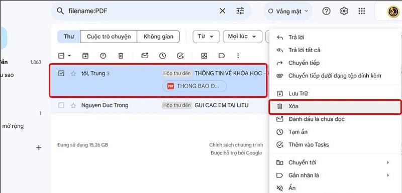 Nhấn vào mục Xóa