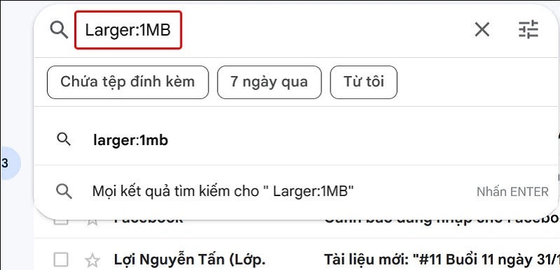 Nhập lệnh Larger: cùng với mức dung lượng của file