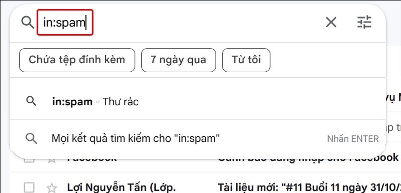 Nhập lệnh in:trash và nhập lệnh in:spam