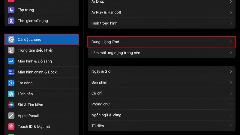Mở Cài đặt > Cài đặt chung > sau đó nhấn vào Dung lượng iPad Mở Cài đặt > Cài đặt chung > sau đó nhấn vào Dung lượng iPad