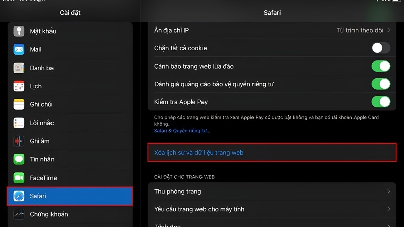 Mục Xóa lịch sử và dữ liệu trang web trong Cài đặt Safari trên iPad Mục Xóa lịch sử và dữ liệu trang web trong Cài đặt Safari trên iPad