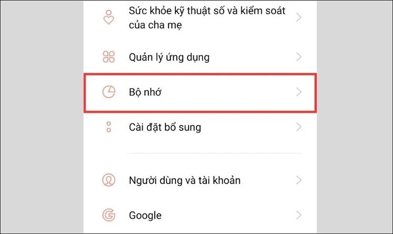 Chọn vào mục Bộ nhớ