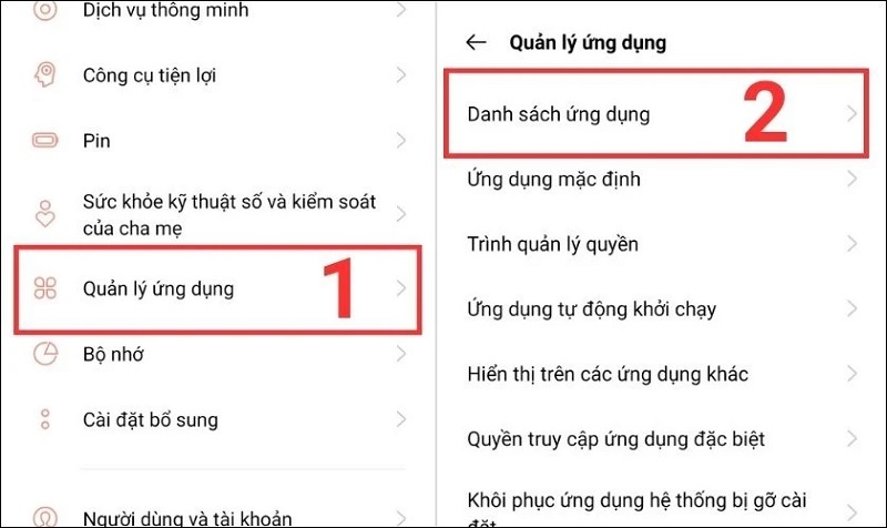 Chọn Danh sách ứng dụng