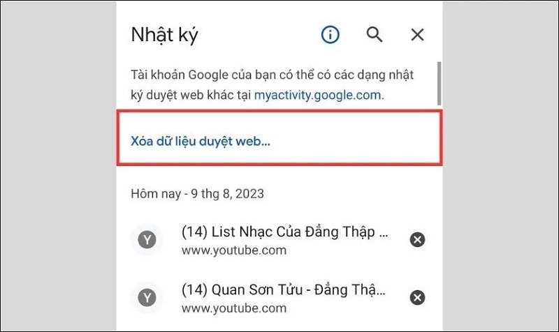 Nnhấn vào tùy chọn Xóa dữ liệu duyệt Web