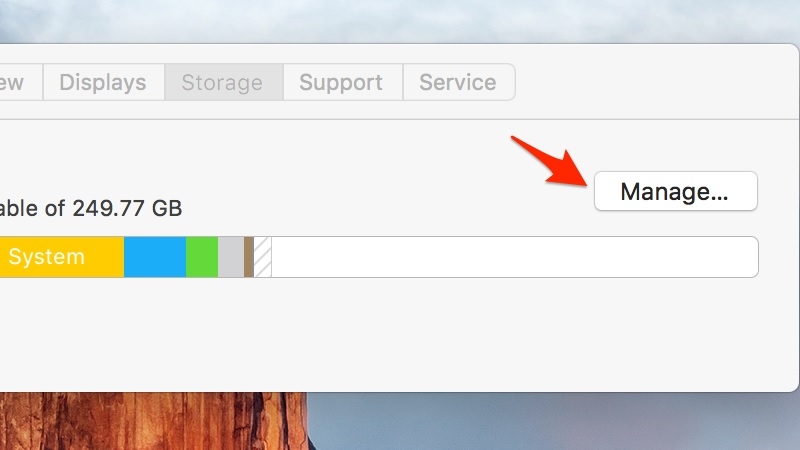 Cửa sổ About This Mac, tab Storage và nút Manage Cửa sổ About This Mac, tab Storage và nút Manage