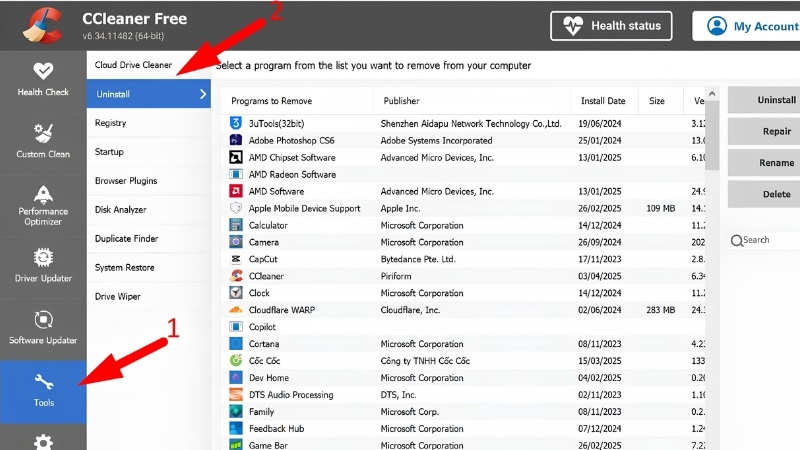 Giao diện CCleaner, mục Tools > Uninstall]