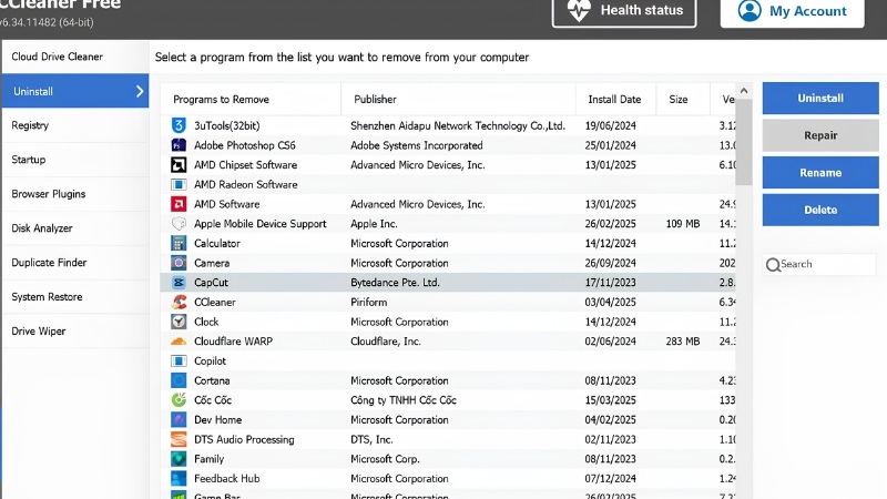 Danh sách ứng dụng trong CCleaner, nút Uninstall Danh sách ứng dụng trong CCleaner, nút Uninstall