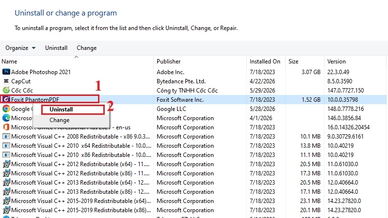 Danh sách ứng dụng, chuột phải chọn Uninstall Danh sách ứng dụng, chuột phải chọn Uninstall