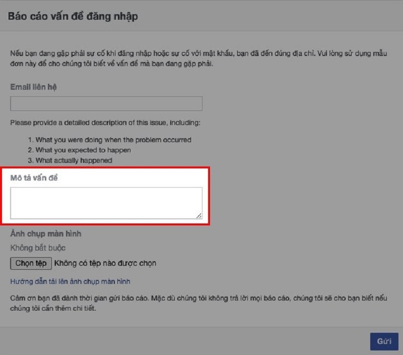 Nhập nội dung liên quan đến vấn đề mà tài khoản Facebook của bạn đang gặp phải