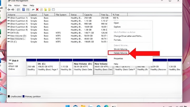Chuột phải vào ổ đĩa và chọn Delete Volume Chuột phải vào ổ đĩa và chọn Delete Volume