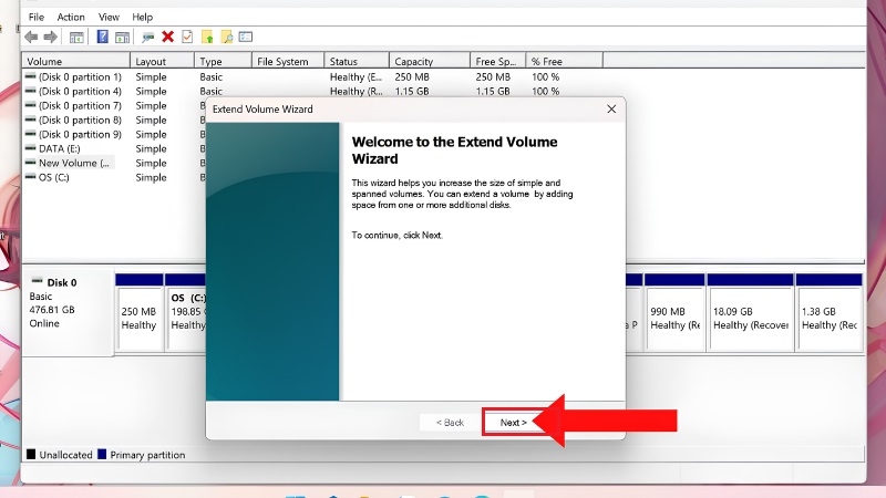 Cửa sổ Extend Volume Wizard Cửa sổ Extend Volume Wizard
