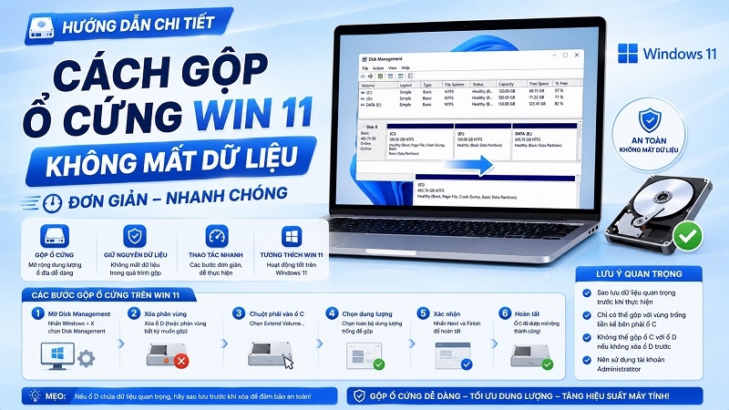 Cách gộp ổ cứng Win 11 không mất dữ liệu đơn giản, nhanh chóng
