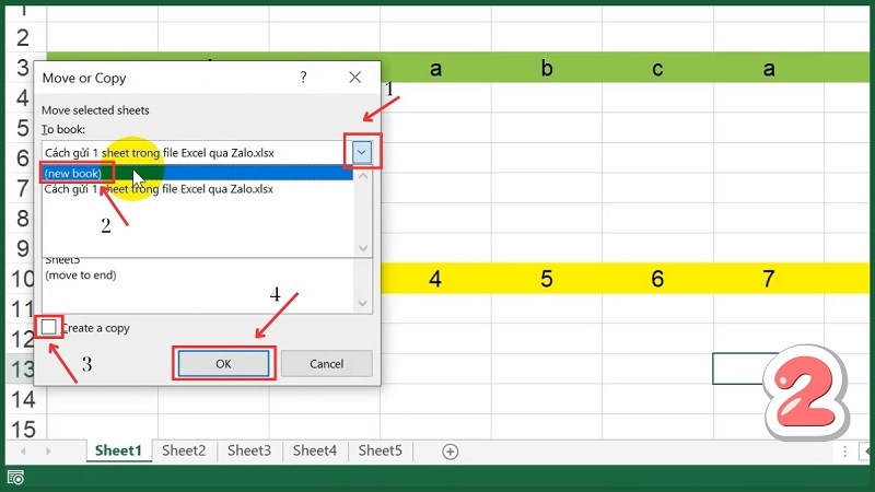 Chọn (new book) và tích Create a copy để sao chép sheet sang file Excel mới Chọn (new book) và tích Create a copy để sao chép sheet sang file Excel mới