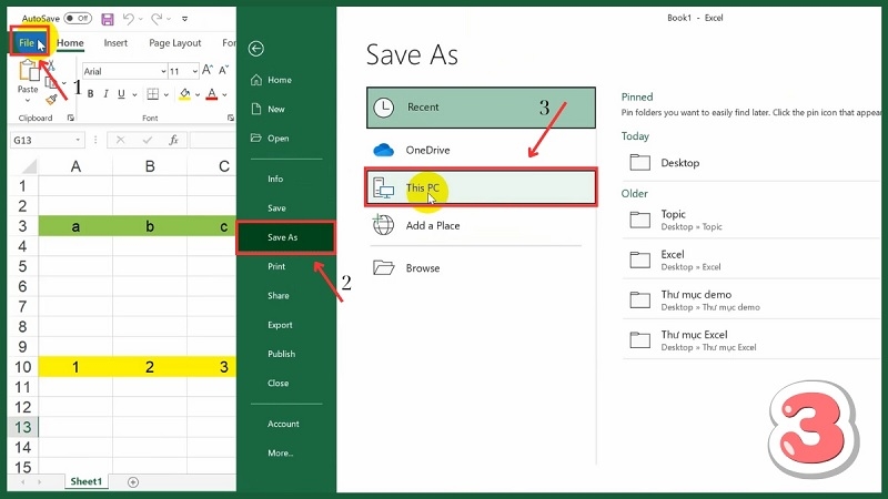 Lưu file Excel mới bằng File, Save As, This PC rồi chọn thư mục Lưu file Excel mới bằng File, Save As, This PC rồi chọn thư mục