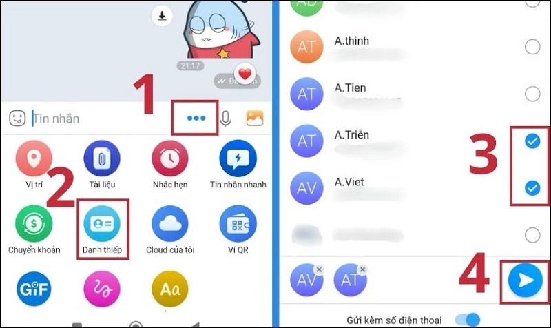 Chia sẻ danh thiếp Zalo trực tiếp tại khung chat