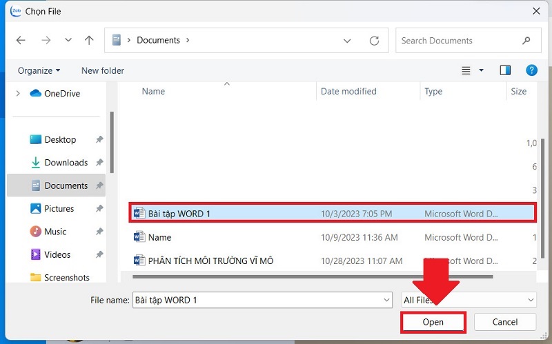 Nhấn nút Gửi để gửi file Word qua Zalo