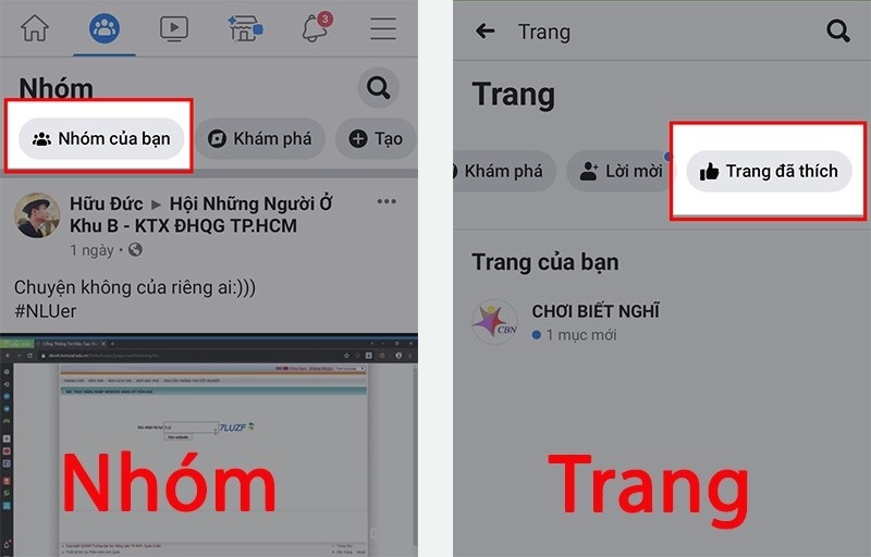 Chọn vào mục Nhóm của bạn hoặc chọn vào Trang đã thích