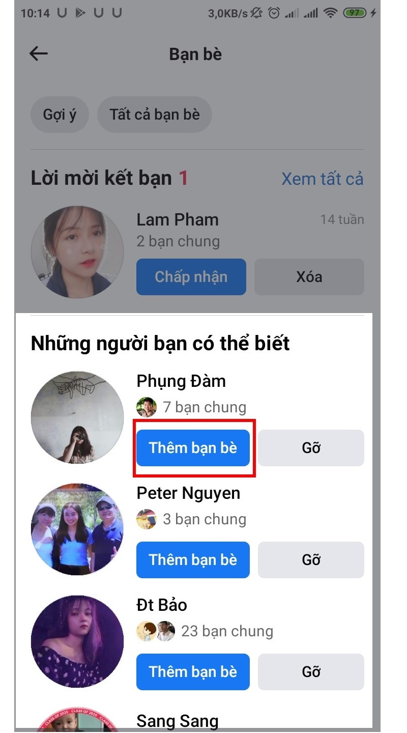 Chọn vào nút Thêm bạn bè