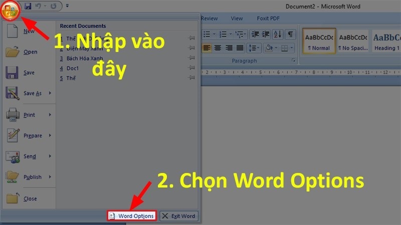 Chọn vào mục Word Options