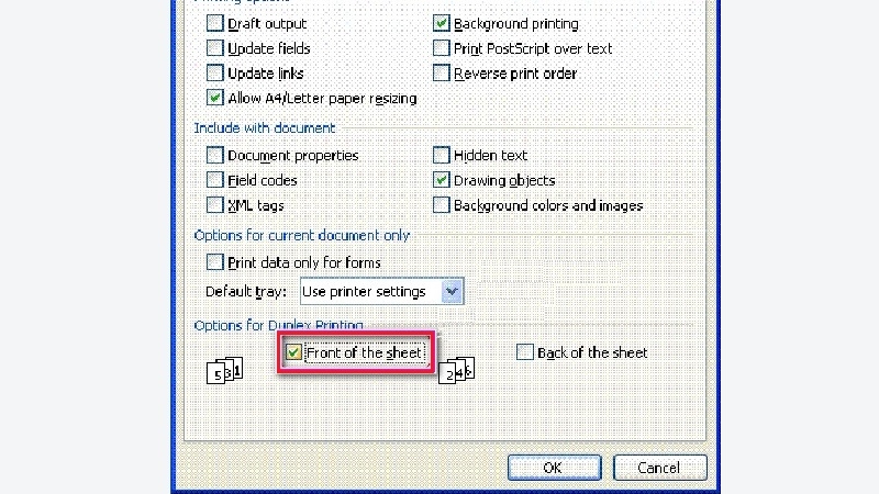 Mục Options trong hộp thoại in, khoanh đỏ tùy chọn Front of the sheet