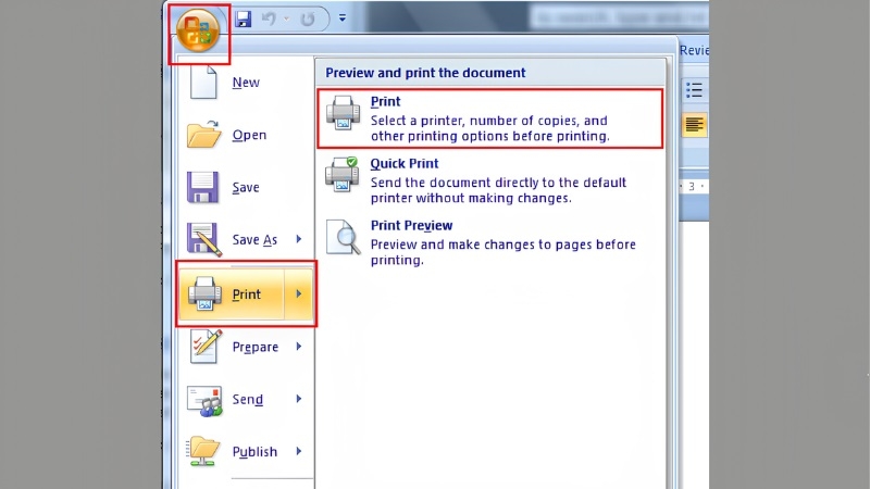 Mở hộp thoại In trong Word 2007 bằng tổ hợp phím Ctrl + P Mở hộp thoại In trong Word 2007 bằng tổ hợp phím Ctrl + P