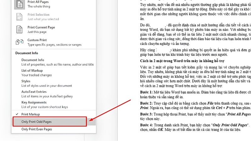 Chọn Only Print Odd Pages trong giao diện in của Word 2016 Chọn Only Print Odd Pages trong giao diện in của Word 2016