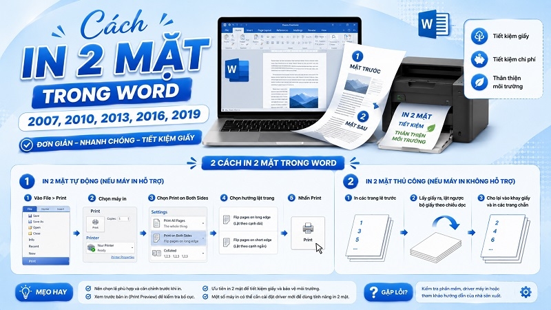 Cách in 2 mặt trong Word 2007, 2010, 2013, 2016, 2019 đơn giản