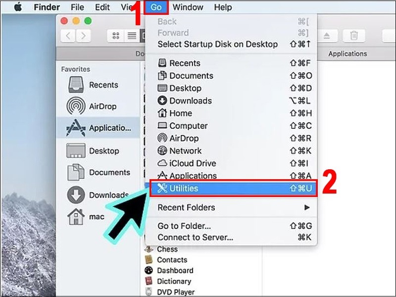 Chọn Go => Chọn Utilities