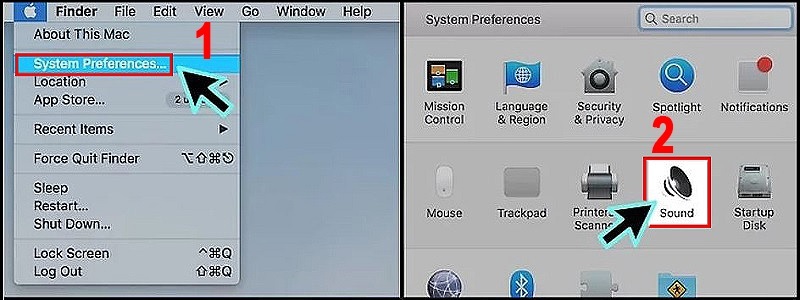 Mở biểu tượng Apple (quả táo) => Chọn System Preferences => Chọn Sound
