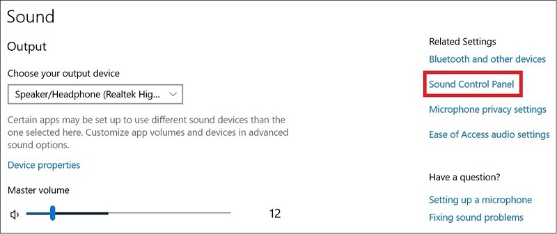 Kích chọn “Sound control Panel”