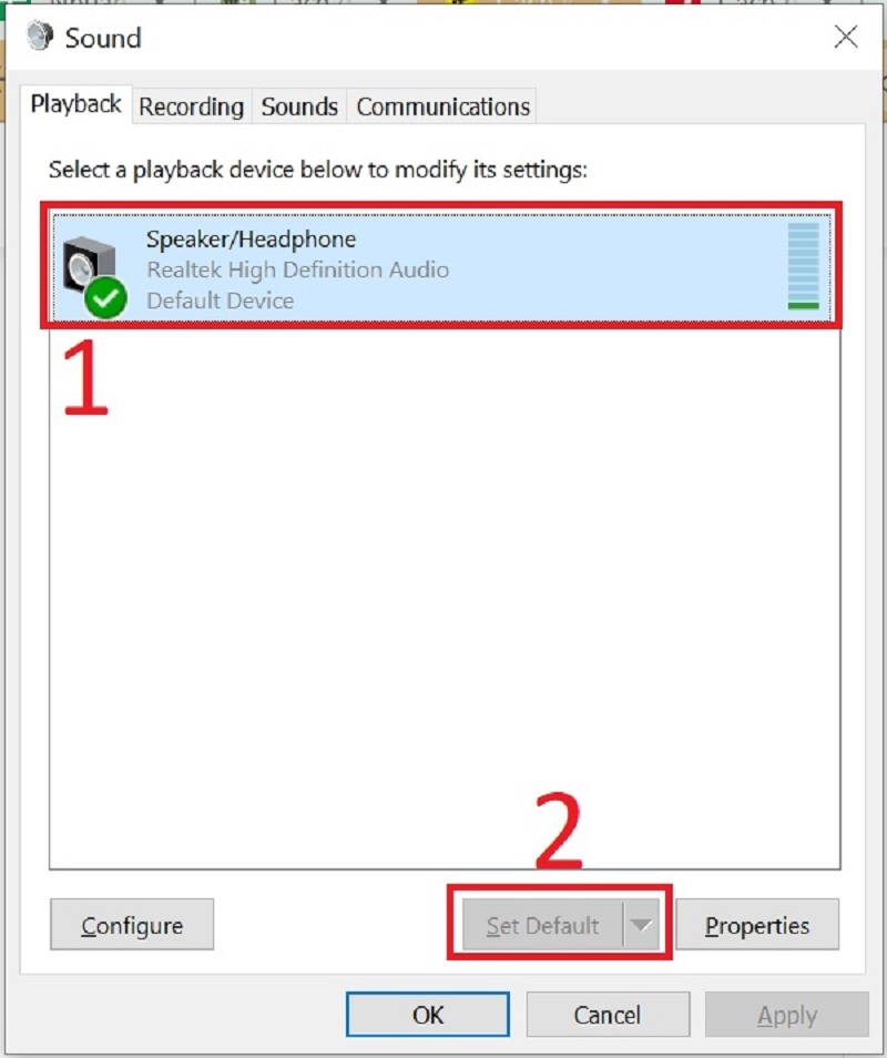 Nhấn vào Speaker (Loa) sau đó click vào mục “Set Default”