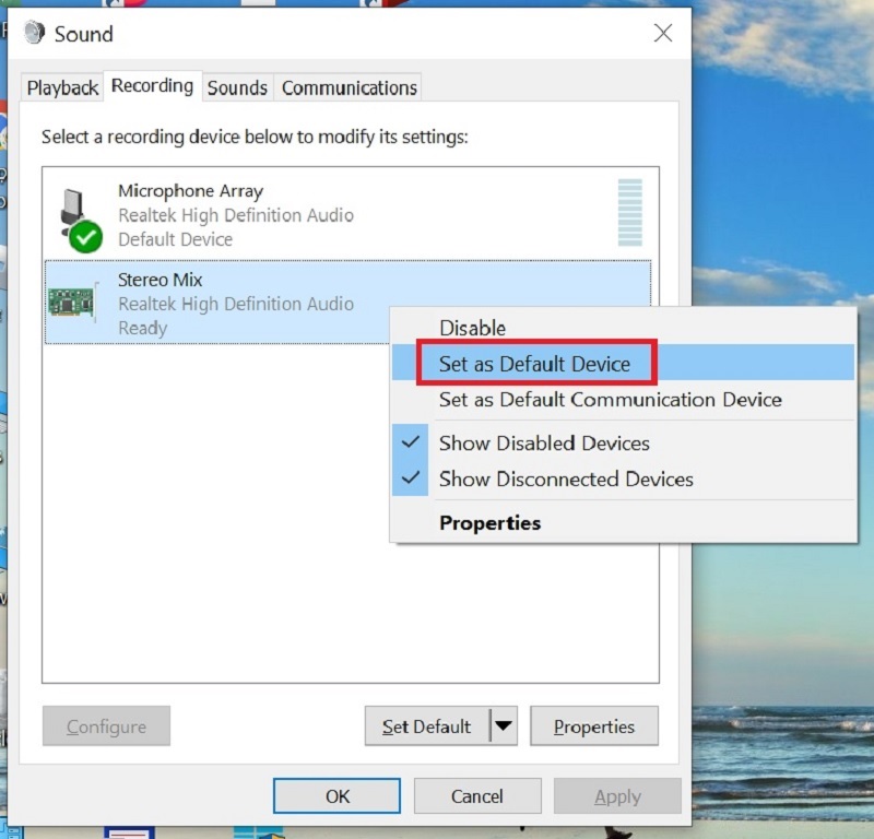 nhấp chuột phải vào Stereo Mix và chọn Set as Default Device