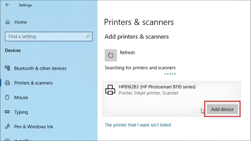 Thêm máy in HP trong Printers & scanners trên Windows bước 3 Thêm máy in HP trong Printers & scanners trên Windows bước 3