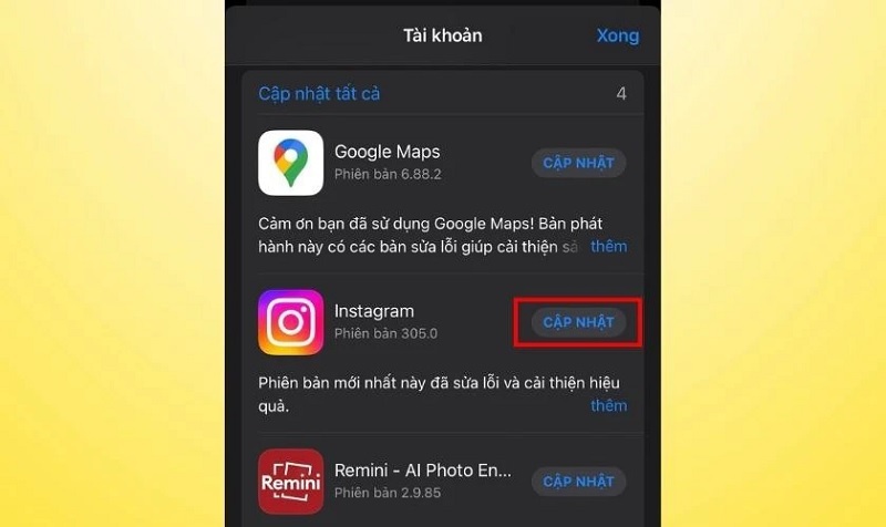 Nhấn nút Cập nhật