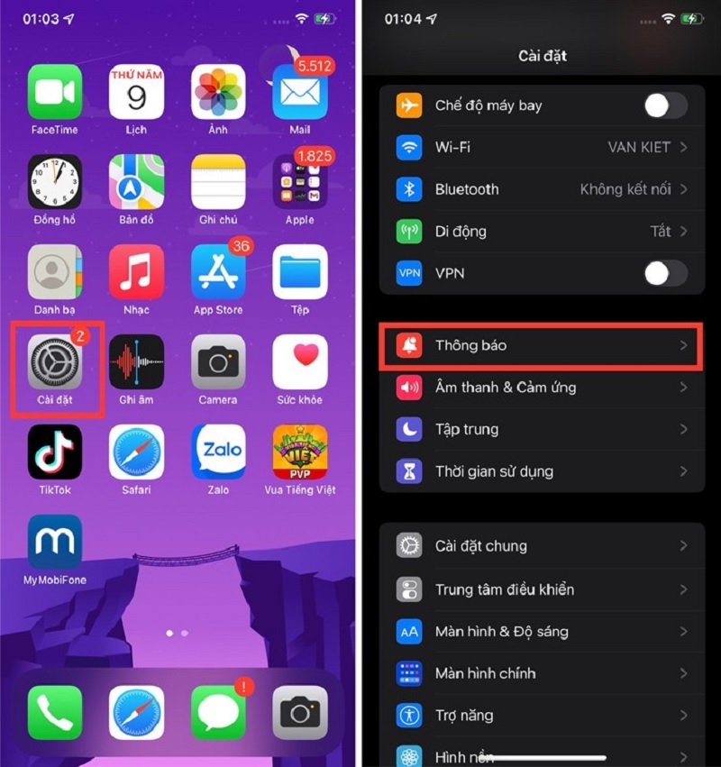Chọn vào Thông báo