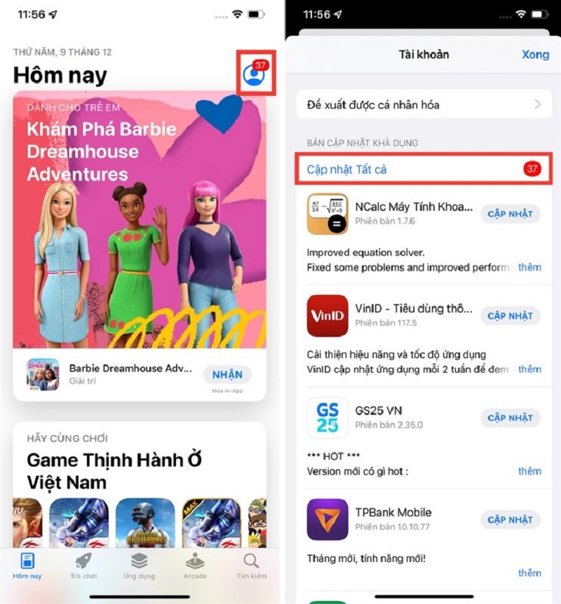 Nhấn vào nút Cập nhật tất cả