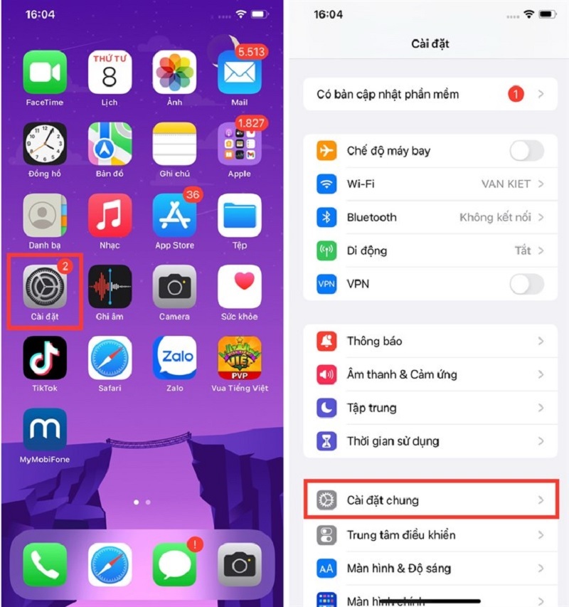 Chọn vào mục Cài đặt chung