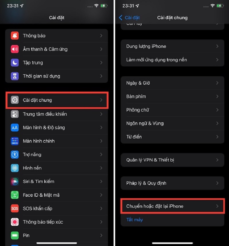 Chọn vào mục Chuyển hoặc đặt lại iPhone