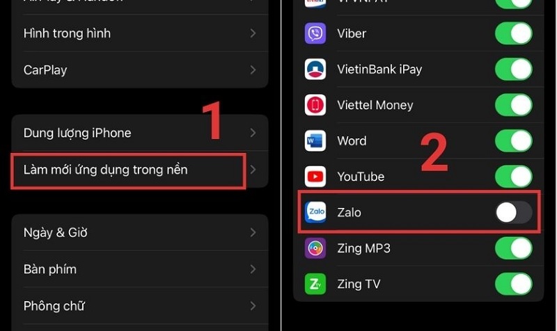 Nhấn vào tùy chọn Làm mới ứng dụng trong nền