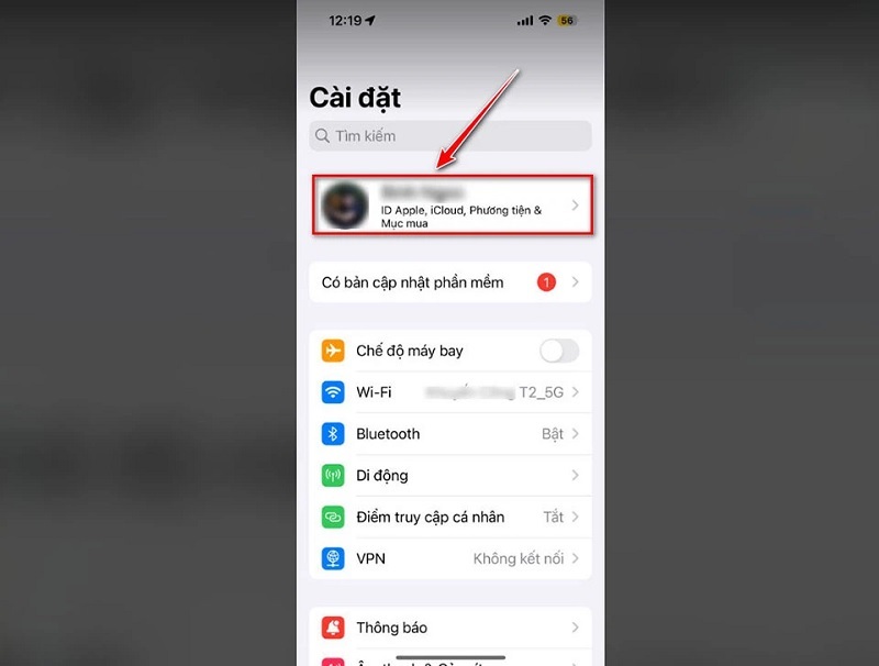 Nhấn vào tên tài khoản Apple ID
