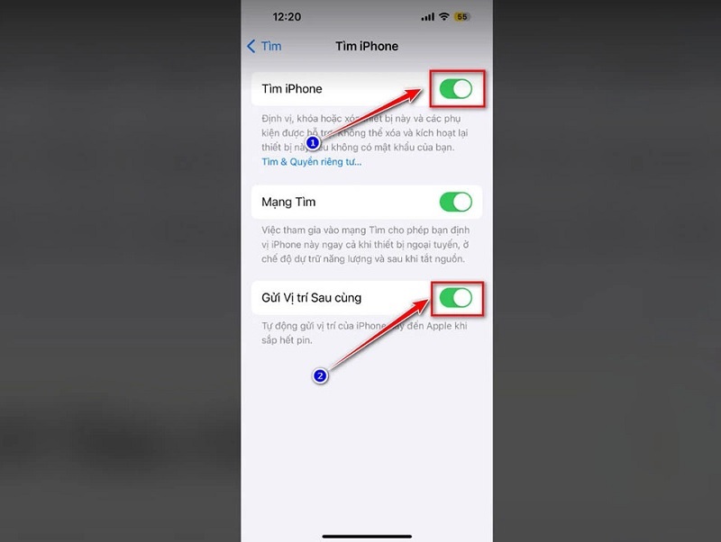 Kéo thanh trượt ở tùy chọn Tìm iPhone sang phải