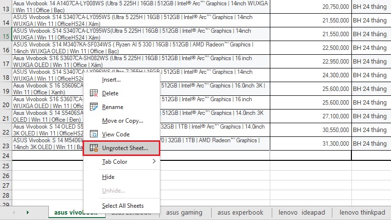 Chọn Unprotect Sheet Chọn Unprotect Sheet