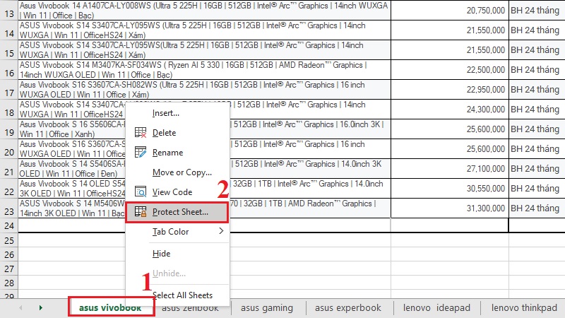 Chuột phải vào Sheet và chọn Protect Sheet Chuột phải vào Sheet và chọn Protect Sheet