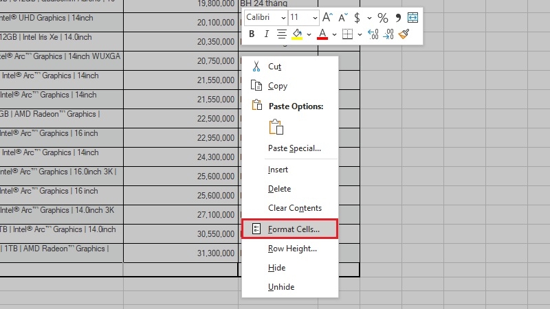 Chọn Format Cells từ menu chuột phải Chọn Format Cells từ menu chuột phải