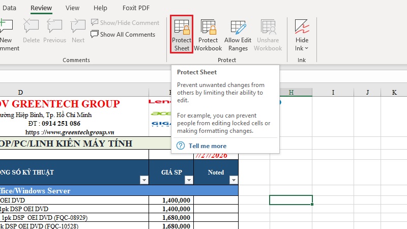 Chọn Protect Sheet trong thẻ Review