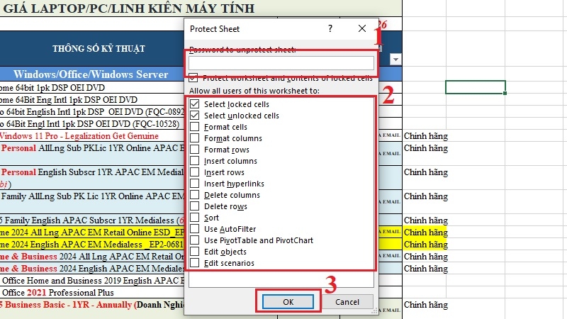 Nhập mật khẩu vào ô Password to unprotect sheet