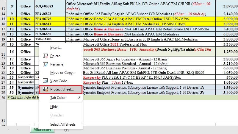 Chọn vào Unprotect Sheet