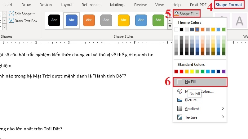 Chọn No Fill để vòng tròn trong suốt trong Word